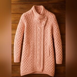 Aran Crafts Pink Merino Wool Cable Knit Cardigan Sweater Coat | Size M
